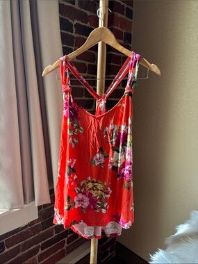 Maurices Orange Floral Crisscross Back Tank Top Size L